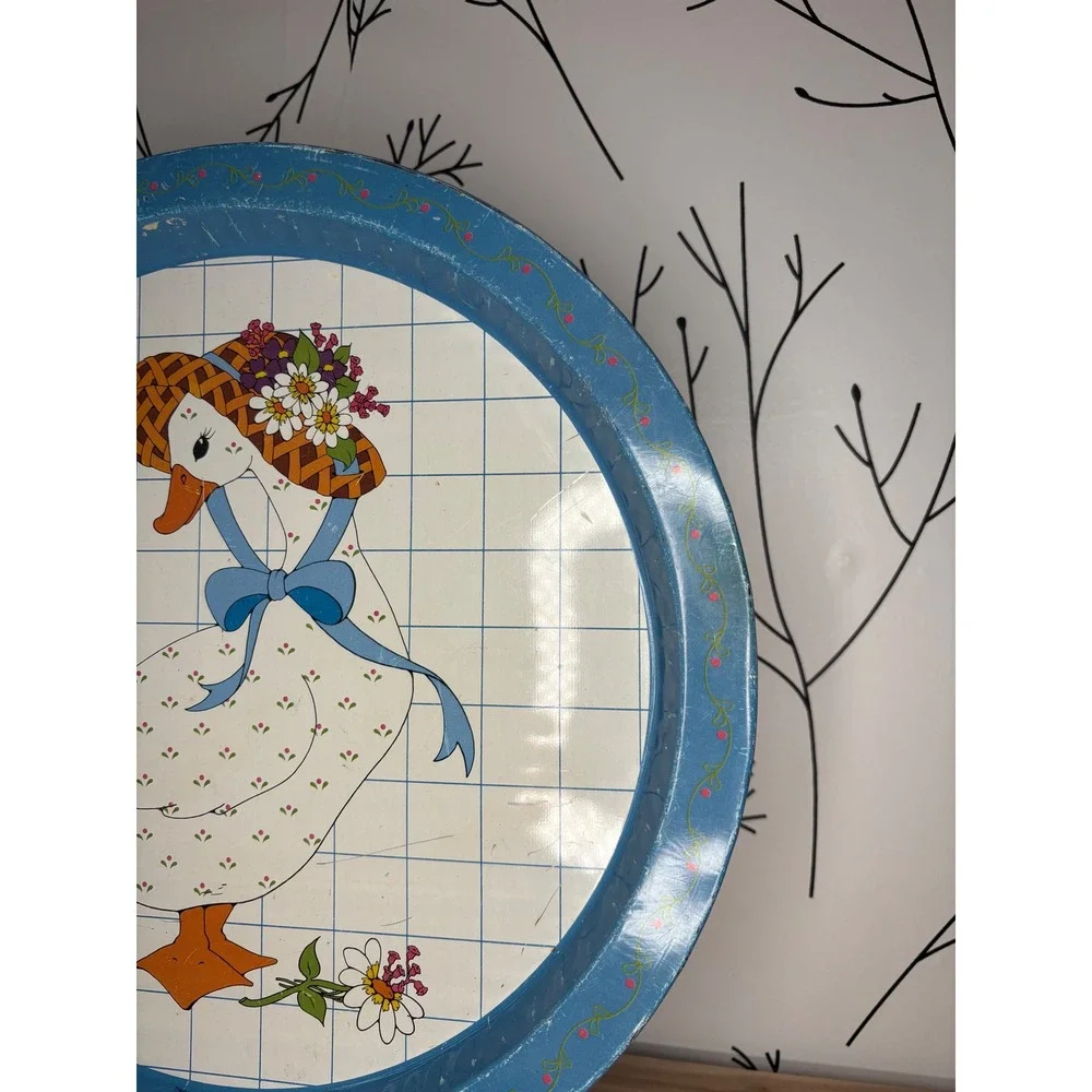 Vintage Giftco Inc Round Metal Serving Tray Goose Sun Hat Blue White Grid 13